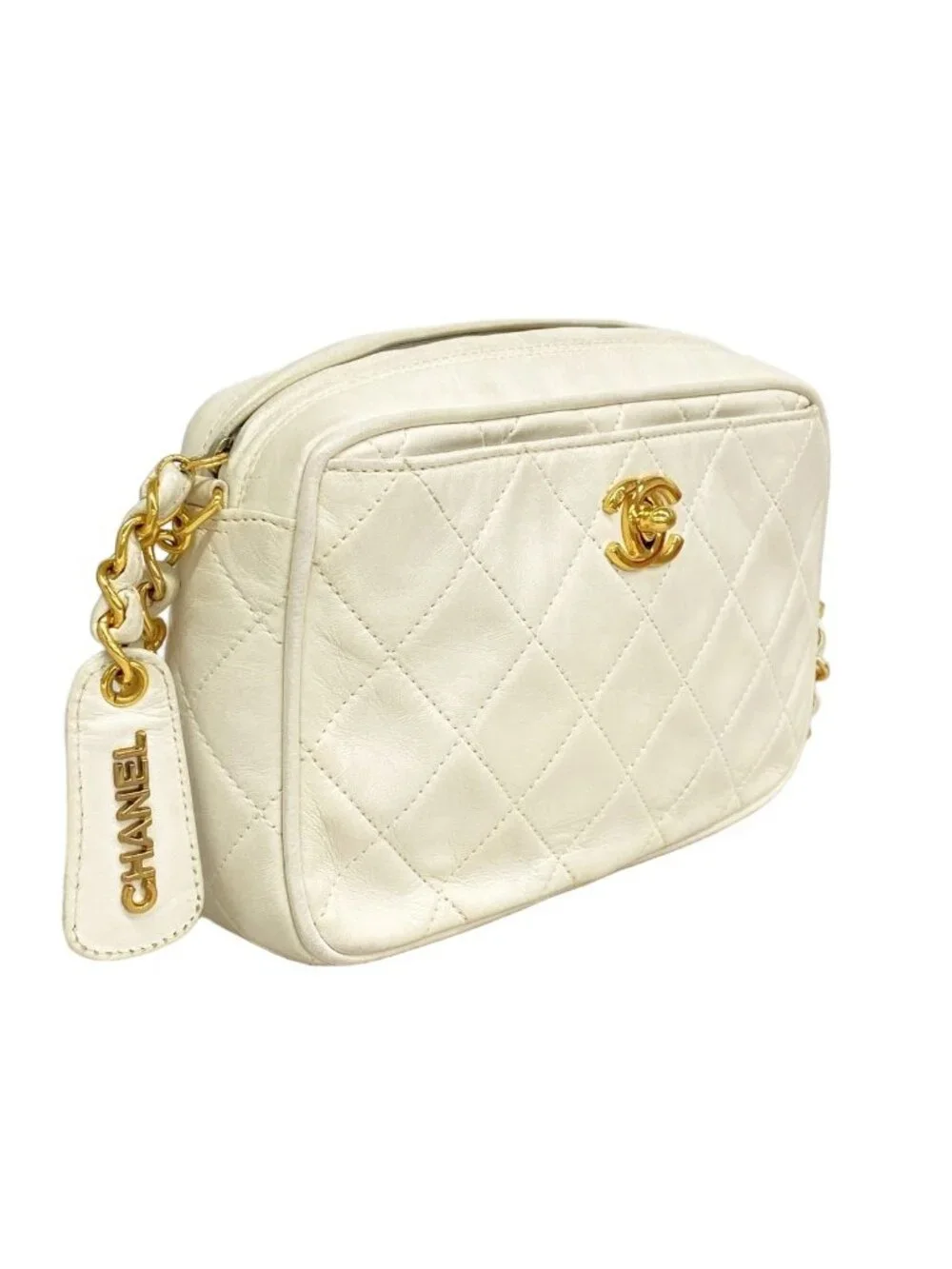 Chanel Shoulder Bag Quilted Lambskin White Gold